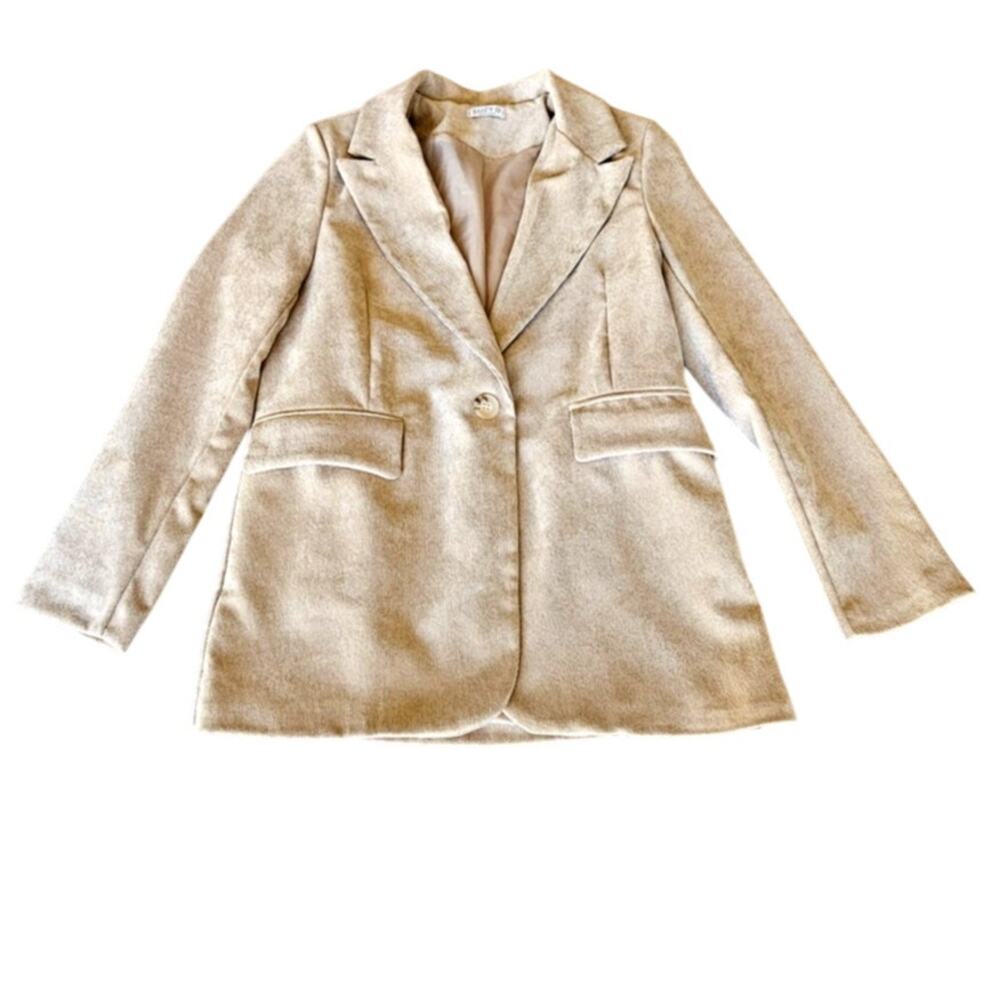 Suzy D London Padded Shoulder Blazer Jacket, Tan, Made In Italy, Womens Sz S - Picture 2 of 5